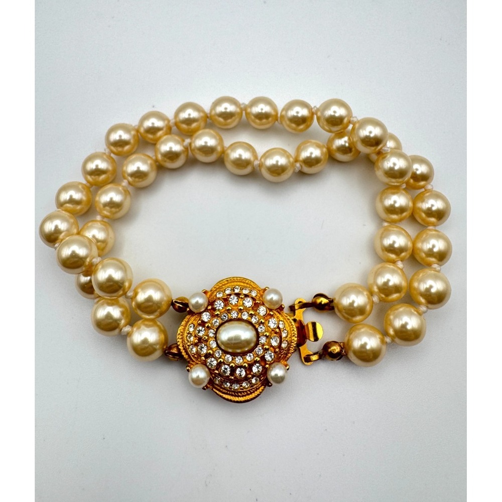 Vintage Carolee Bracelet Double Strand Knotted Faux Pearl Rhinestone Pave Clasp